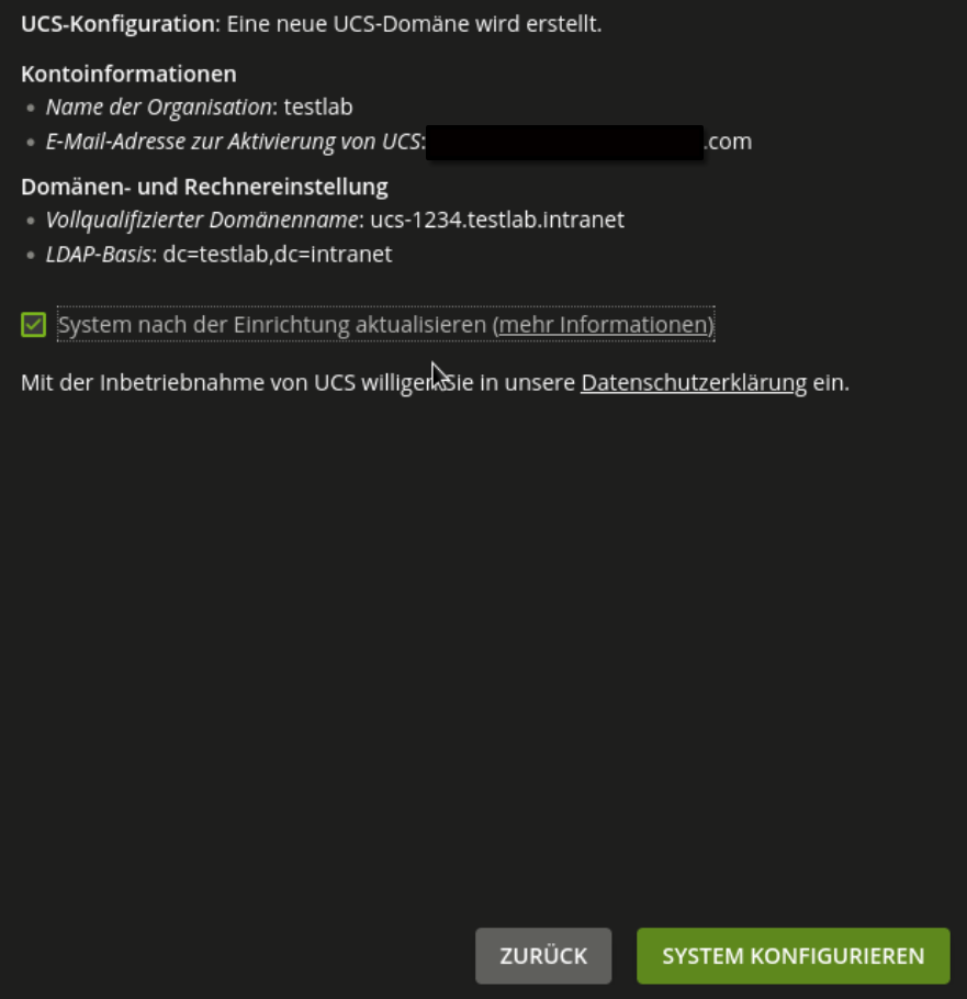 UCS-Installation: Bestätigung vor dem Start der Konfiguration
