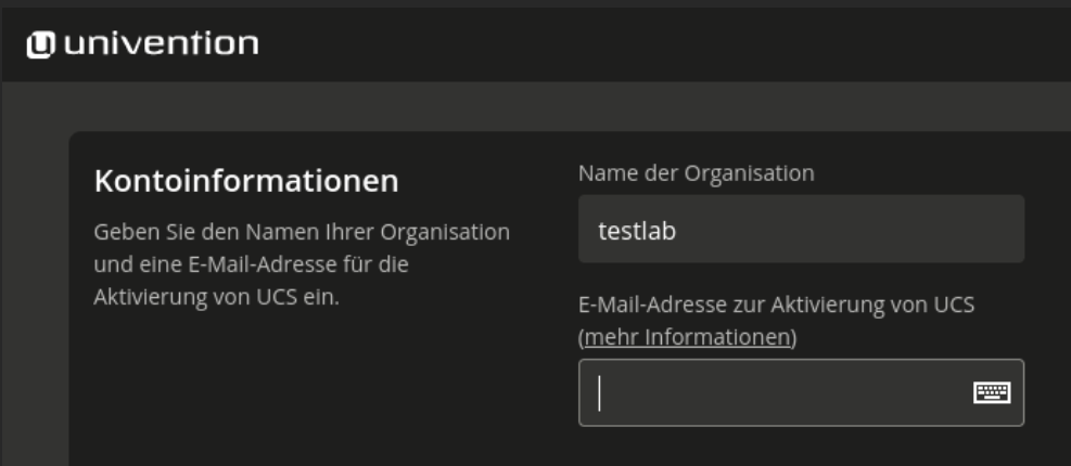 UCS-Installation: Formular mit Organisationsdetails