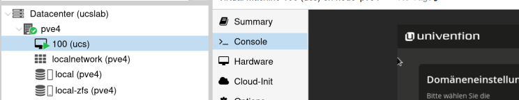 Konsole der virtuellen Maschine, die den Start der UCS-Installation über den Browser zeigt